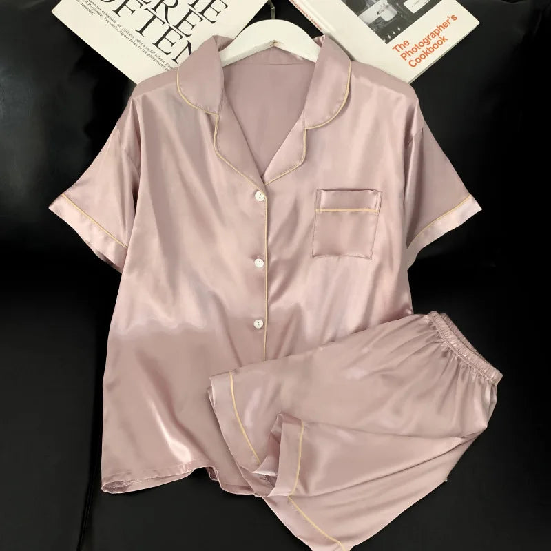 Sweet Simple Ice Silk Pajamas for Women  Thin Short-sleeved Home Clothes Suit Nightwear Women's Pajamas Set Nightie Summer