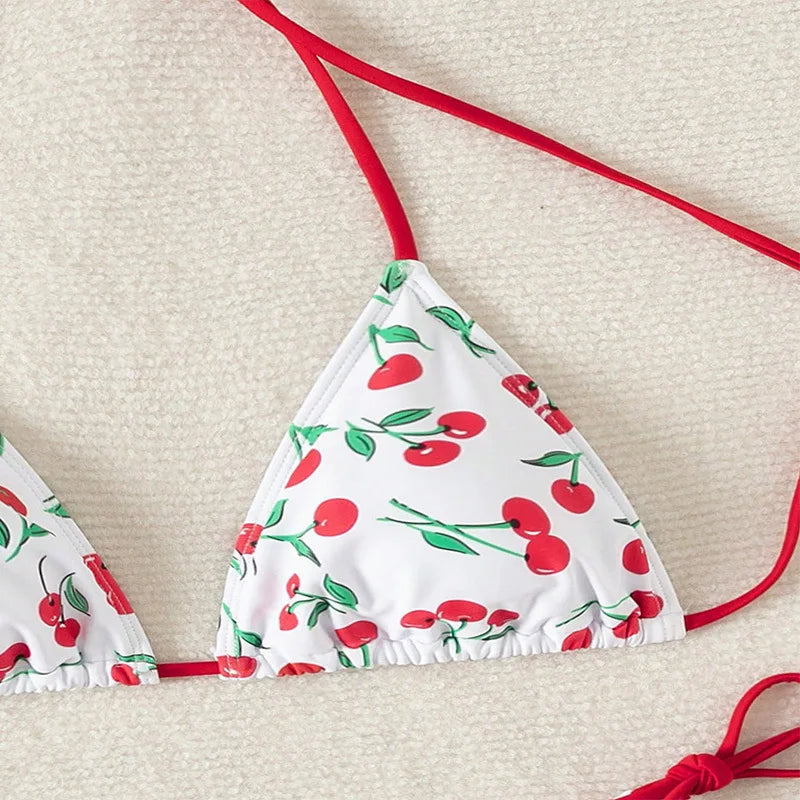 Sexy women cute cherry print halter string micro bikini sets two pieces swimsuit Swimwear bathing suit beach outfits biquini