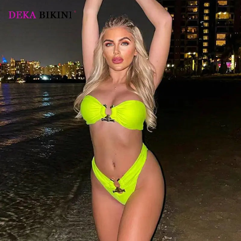 DEKA Bandeau U-Neck Metal Bikini Set Push Up Padded Cup Swimwear Women Solid Swimsuit Beachwear Water Swiminmg Bathing Suit