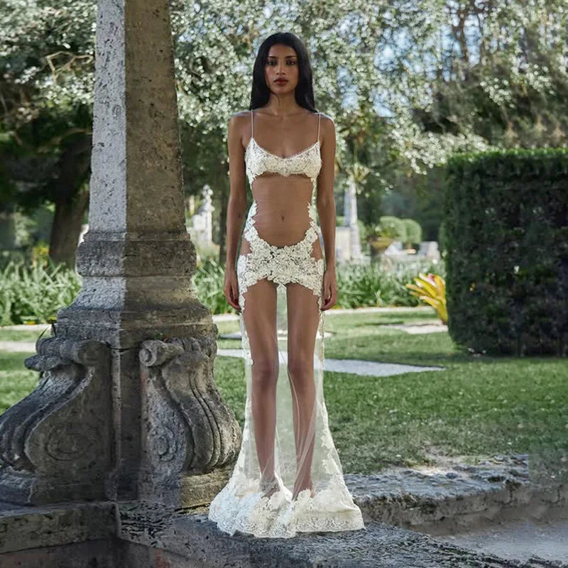 FDYOUI Sexy Lace Patchwork Mesh Long Dress Women Spaghetti Strap See-through Evening Party Dresses White Black Night Club Outfit
