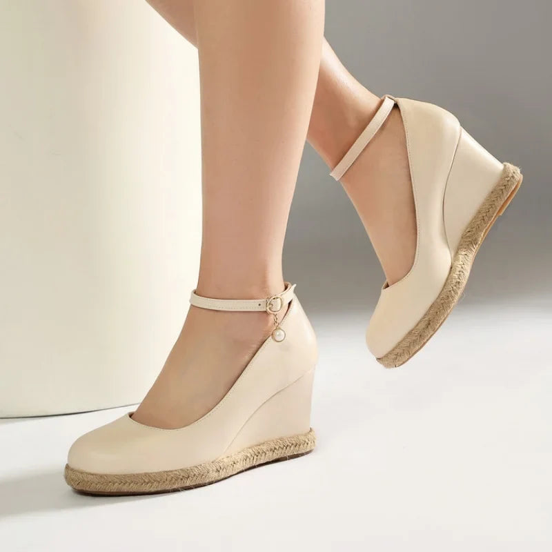 Concise Classic Women Ankle Strap Pumps 2026 Autumn Spring Shoes Wedge High Heels Beads Silver White Plus Size Daily 43
