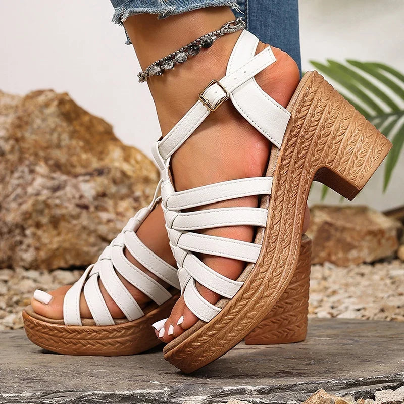 Fashion Woven Straps Chunky Heel Sandals Women Summer Ankle Buckle High Heeled Rome Shoes Woman Open Toe Platform Sandles 36-42