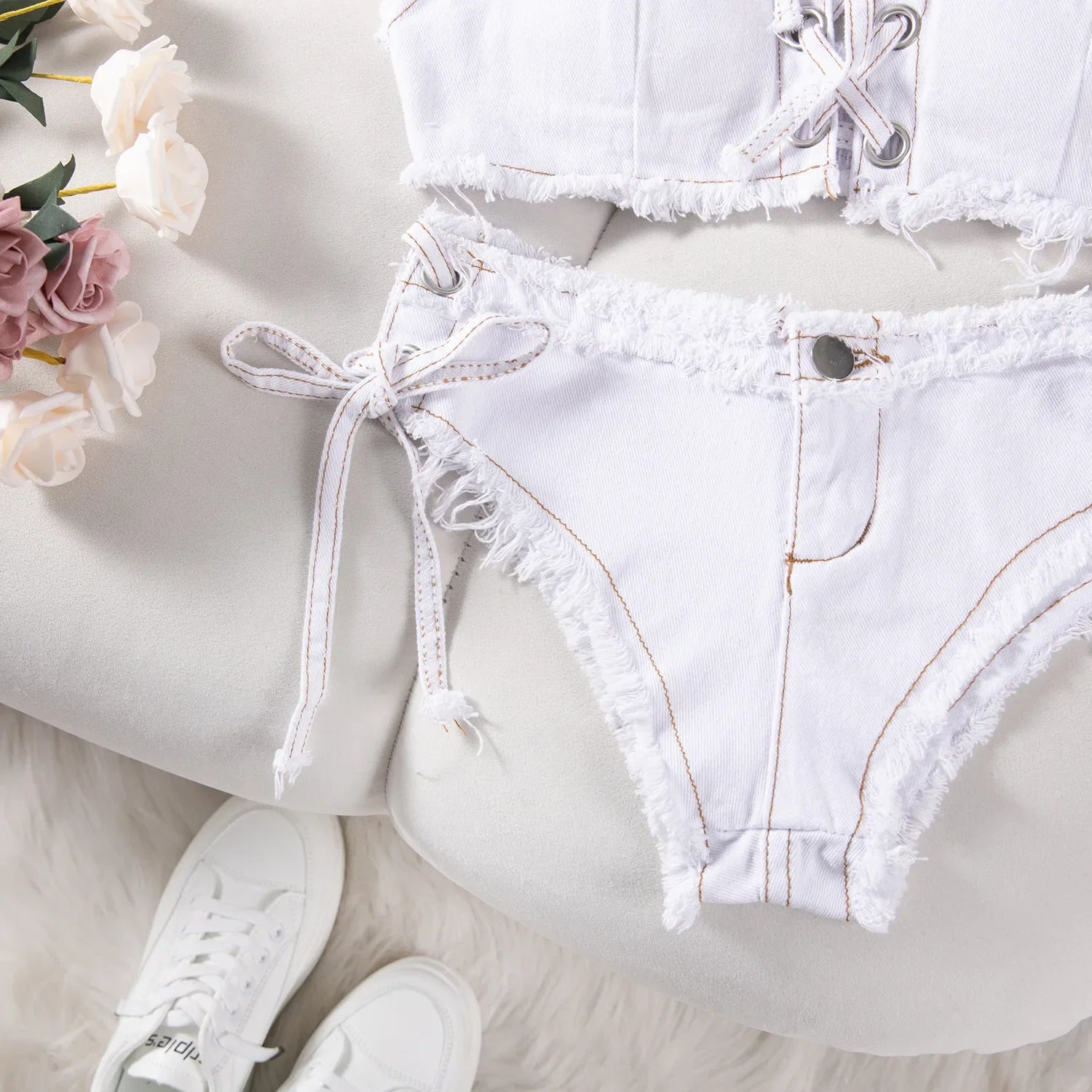 DEKA Retro Women Bikini Denim Suits Summer Halter Camis+ Mini Pant Lingerie Fashion Vacation Swimsuits Sexy Bra&Briefs Sets