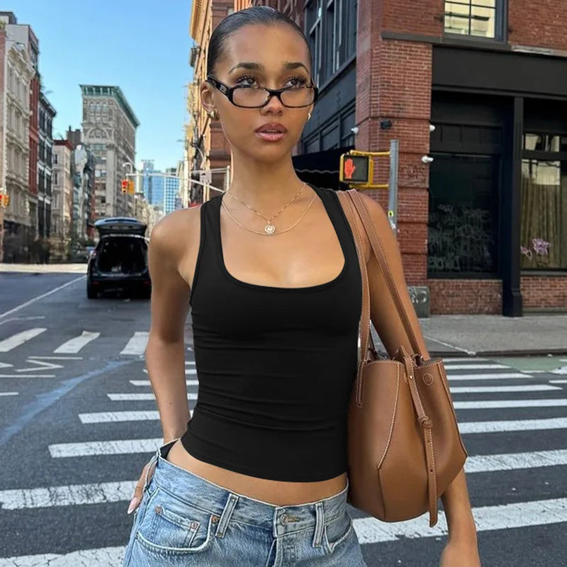 Women's Fashion Solid Tank Tops 2026 Streetwear Sleeveless T-shirt Female Square Collar Skinny Corset Y2K Girls Gray Crop Top