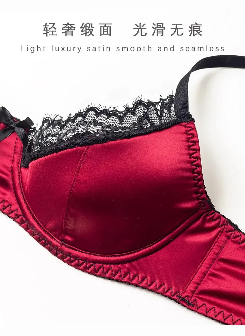 Elegant Red Satin Lingerie Set, Zodiac Inspired Bra Small Chest, Push Up Gathers Anti Sagging, Sensual Lace Bralette Women Tushy