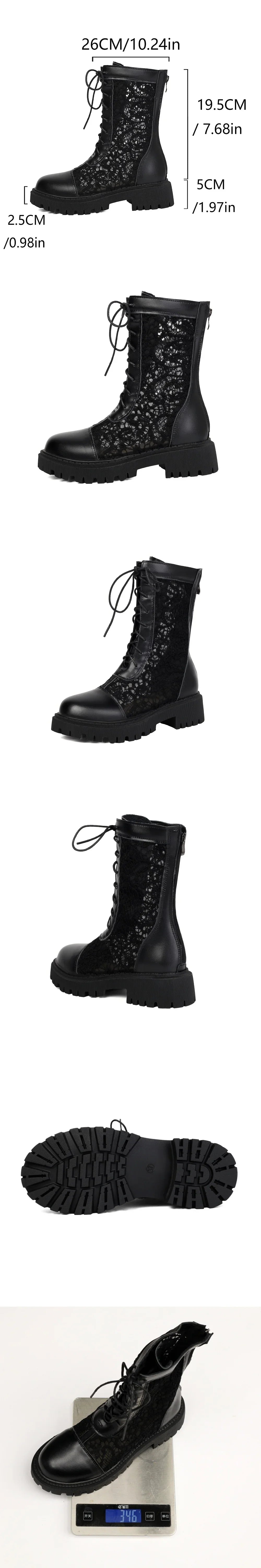 2026 New Big Size 45 Chic Black Lace Mesh Summer Boots Women Round Toe Square Heels Shoelace Zip-up Mid-calf Boots Shoes