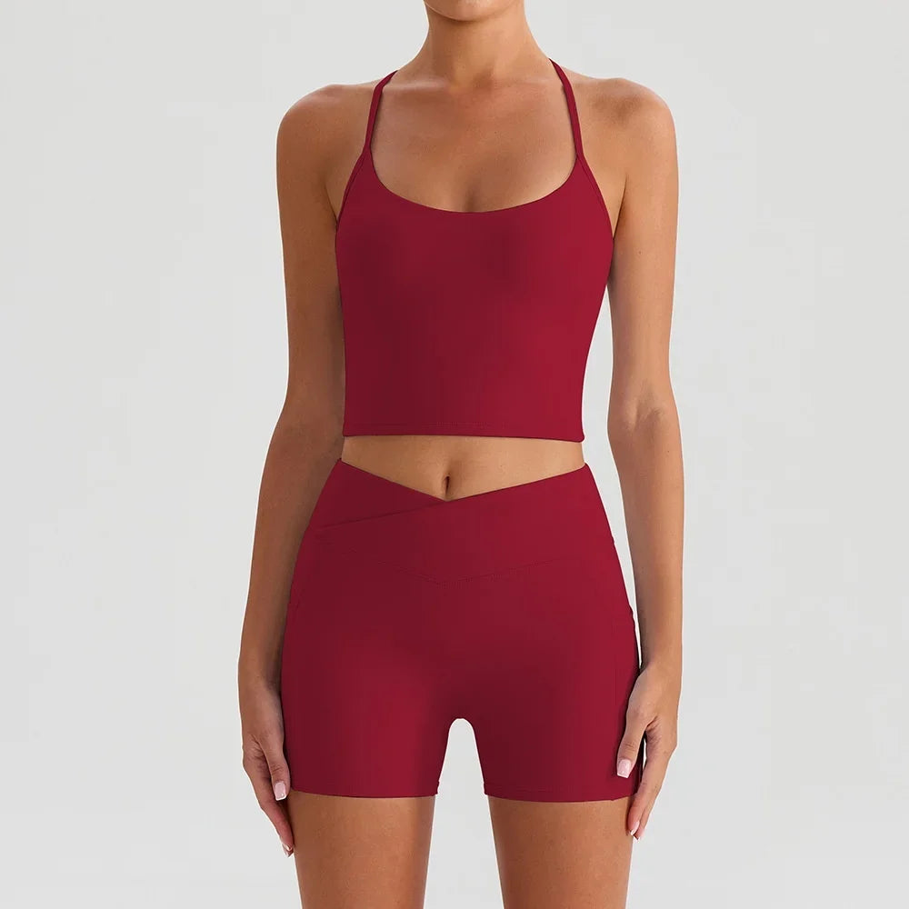 Yoga Shorts Sets Women Hanging Neck Hollow Back Sports T Shirts Sportsuit Gym High Waist Pocket Pants Fitness Workout Clothes