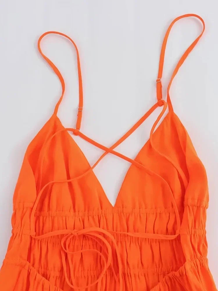 Foridol Orange Backless Tie Up Sexy Summer Women Dress V Neck A-line Beach Slip Dress 2025 Spaghetti Strap Party Midi Vestidos