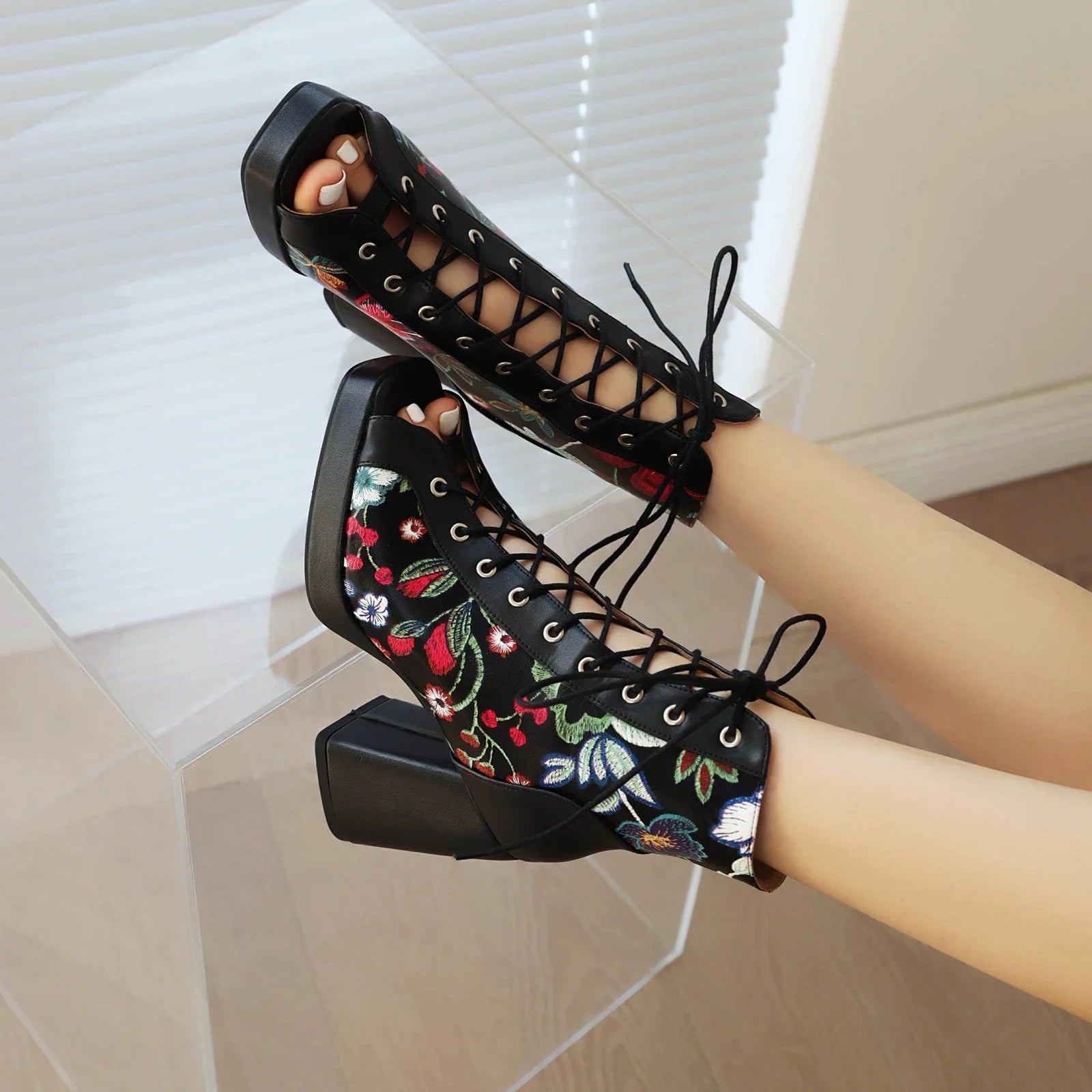 White Floral Embroidered Peep Toe Lace-Up Chunky Block Heel Platform Hollow Out Ankle Sandal Boots for Women