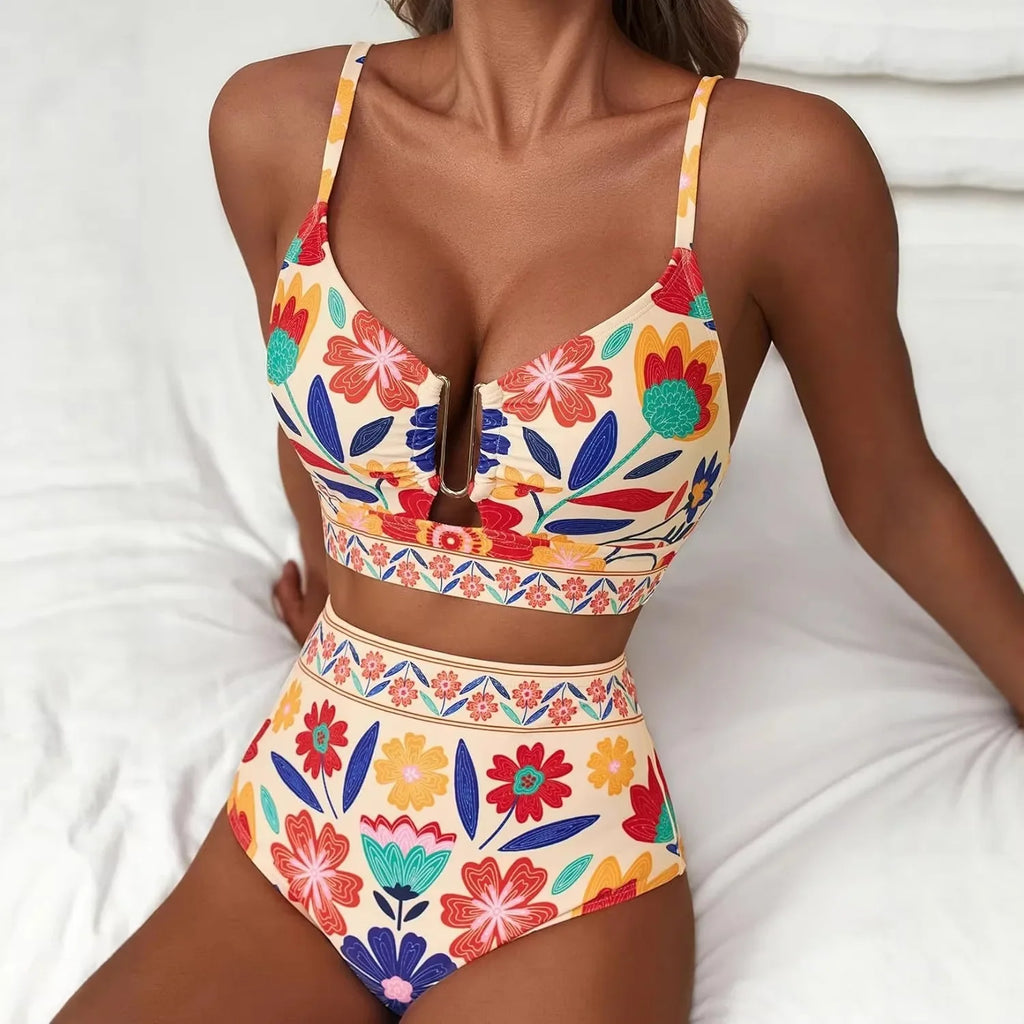 Women Sexy Floral Bikini High Waist Tummy Control Floral Bikini U Line Cross Back Padded Bikini Two Piece Beach Swimsuit