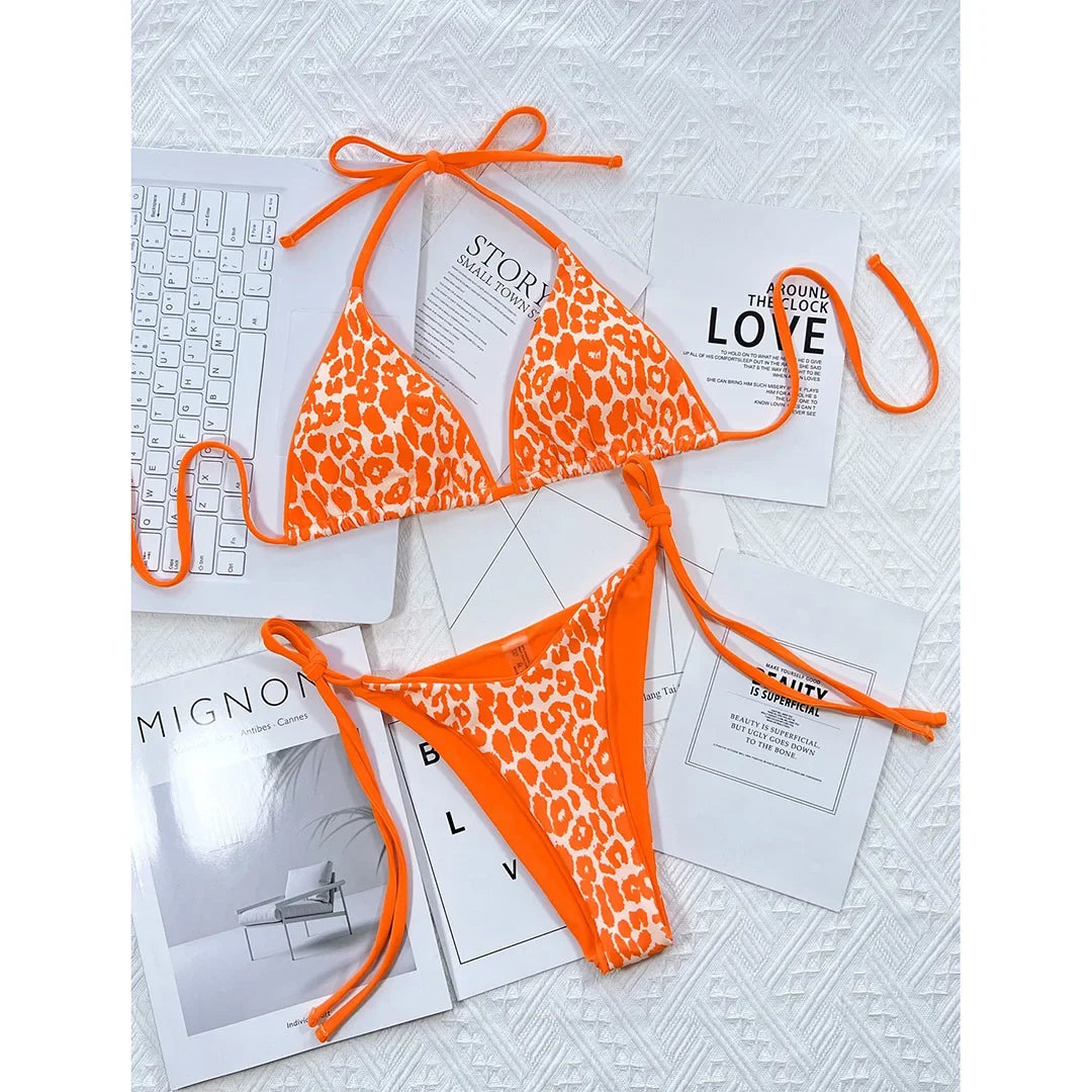 Sexy Leopard Printed Halter Brazilian Bikini Women Swimwear Female Swimsuit Two-Piece Bikini Set Bather Bathing Suit Swim V3681