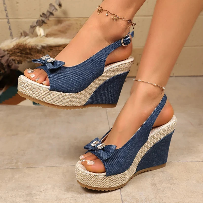 Retro Denim Wedge Heeled Sandals Women Plus Size 43 Bowknot Chunky Platform Sandalias Mujer Back Strap Thick Sole Summer Sandles