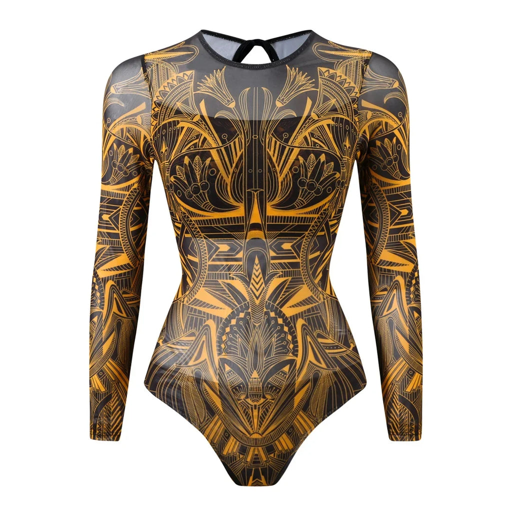S - XXL Printed Long Sleeve With Sarong One Piece Swimsuit Women Swimwear Female Flowers Padded Bather Bathing Suit Swim V7181