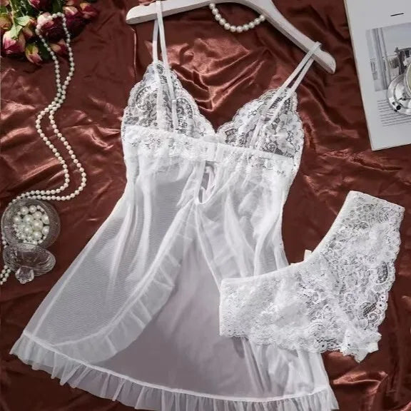 Women Sexy V-neck Lace Trimmed Mesh Splicing Strap Transparent Mini Dress Pure Desire Deep V Sleeveless Charming Nightclub TQO2