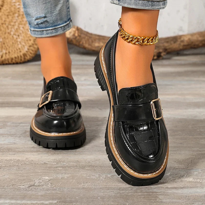 Fashion Buckle Patent Leather Loafers Women Plus Size 43 Round Toe Thick Heel Pumps Woman Thick Bottom Work Office Shoes Ladies