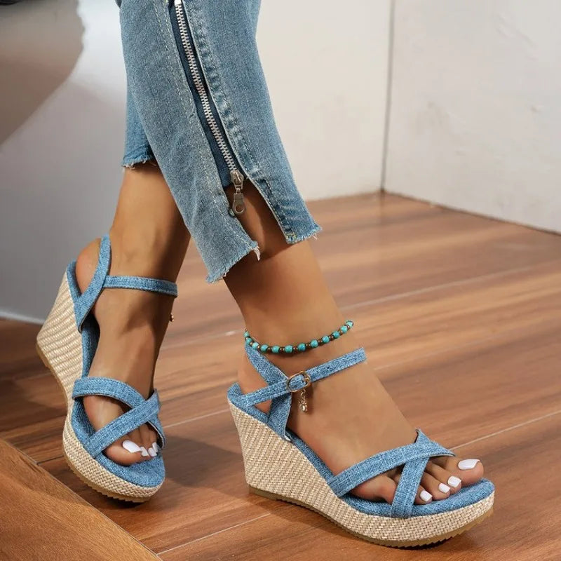 Summer Slope Heel Buckle Open Toe Wedge Ultra High Heel Women's Sandals 2026Fashion One Line Buckle Sandals Women Shoes  Heels