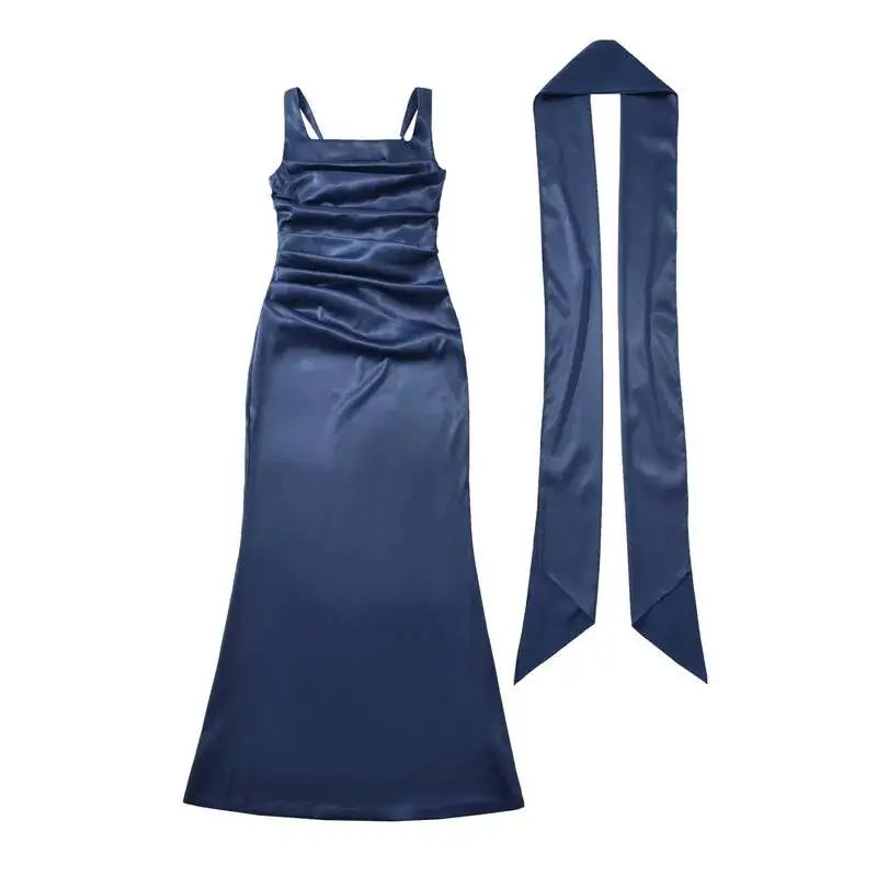 Pure Desire Style Collarbone-revealing Strapless Long Dress Feminine And Slim-fitting With Pleated Waist Tie Straps Bodycon LWIO