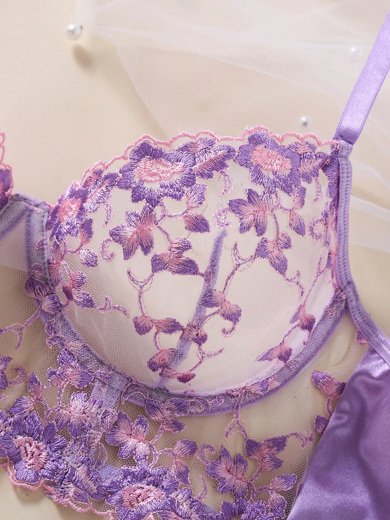 Sheer Floral Embroidery Lingerie Set Satin Trim Push Up Bra+Thong For Women Romantic Date Night/Anniversary Underwear ZA825246