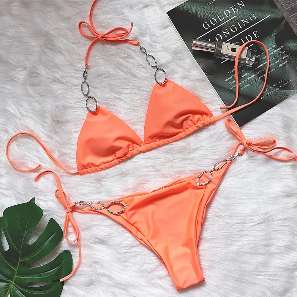 6 Colors Sexy Bikini Women Solid Rhinestone Metal Chain Swimwear Swimsuit Female Halter Bikinis Set Bathing Suit Beachwear Mujer