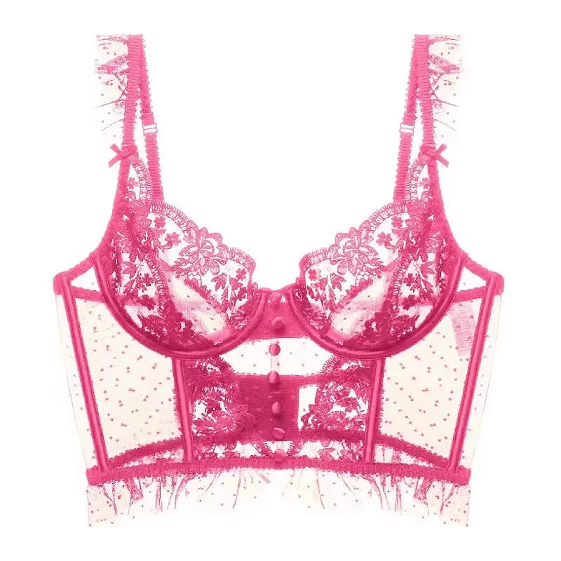 Sexy French Lace Bra and Thong Set Ultra Thin See Through Shaping Underwear Women's Embroidery Lace Camisole Lingerie Set MOYISU