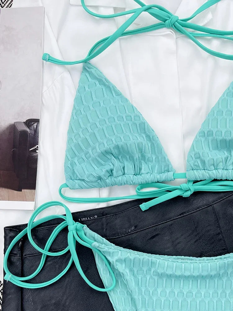 Halter Wrinkled Mini Micro Bikini Women Swimwear Female Swimsuit Two-pieces Bikini Set Brazilian Bather Bathing Suit Swim Lady