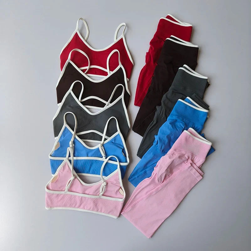2PCS High Waisted Sports Bra Set with Contrasting Small Suspender Tight Fitting Hip Lifting Training Bra And Pants
