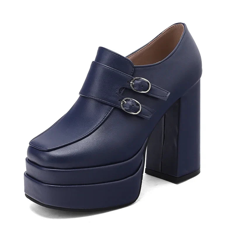 Plus Size Double Row Small Buckle Side Zipper Square Toe Double Layer Platform High Thick Heel Women's Pumps Shallow High Heels