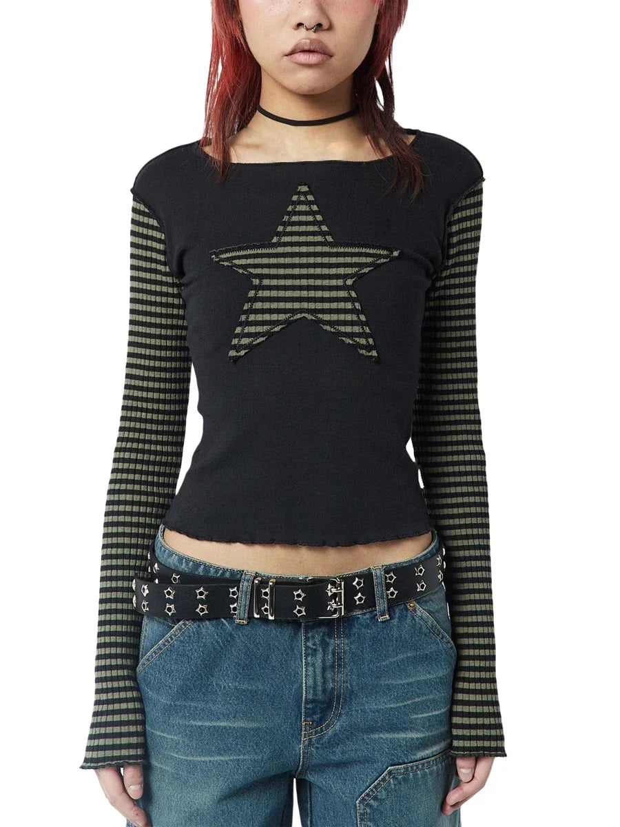 Early Autumn Punk Style Slim Fit T-shirt Women Long Sleeve Crew Neck Star Stripes Patchwork Ladies Tops for Casual Daily