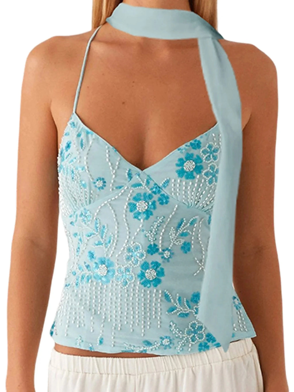 Women Camisoles Sequins Beaded Flower Embroidery V-Neck Casual Camis Tops Summer Fashion Sleeveless Crop Tops with Choker Scarf