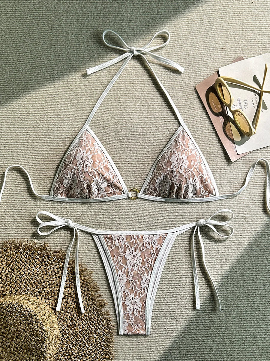 Embroidery Mesh Lace Halter Bikini Female Swimsuit Women Swimwear Two-pieces Bikini Set High Cut Bathing Suit Swim Beach Wear