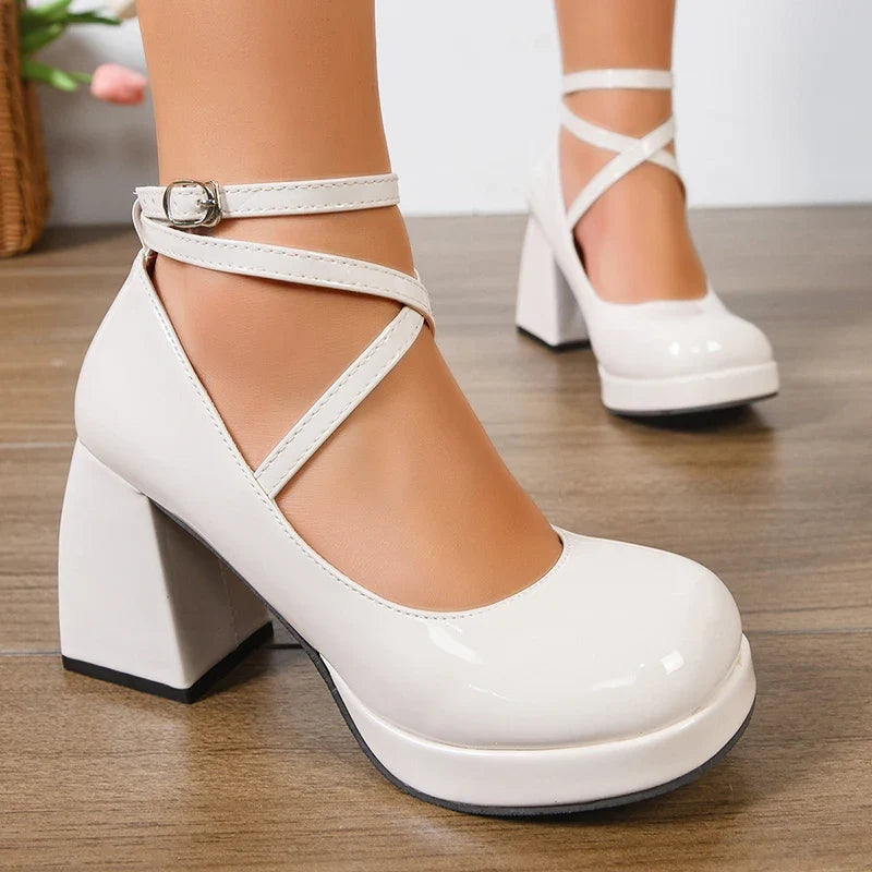 Fashion Ankle Wrap Thick High Heels Pumps Women Elegant Round Toe Platform Mary Jane Shoes Woman Patent Leather Pumps Ladies