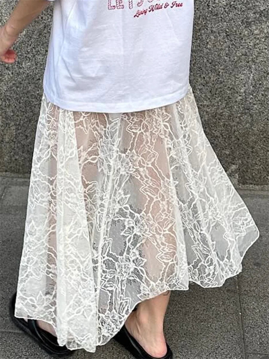 Women's Summer Lace Long Skirts Elegant Low Waist Solid Color See-Through Midi Skirts Slim Fit Skirts