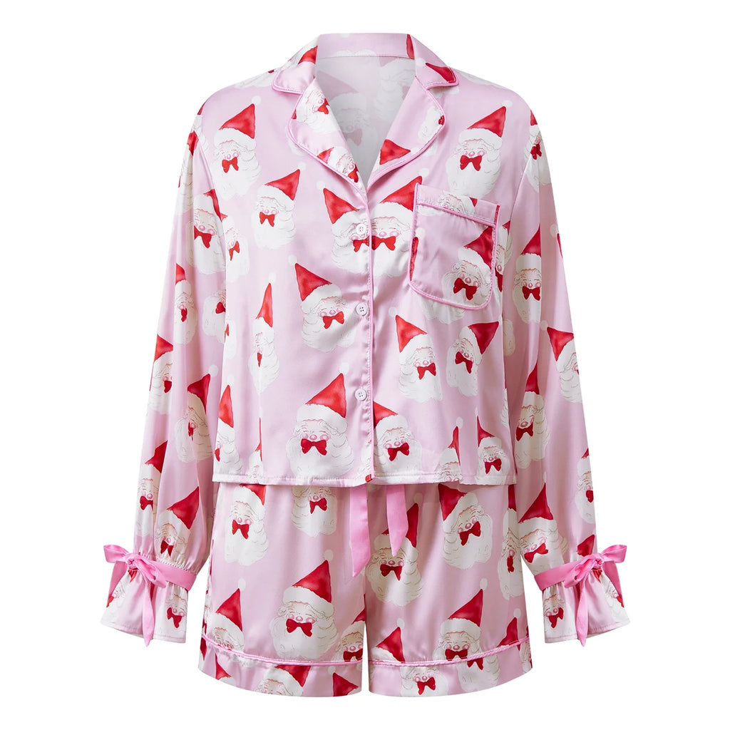 Women's Christmas 2 Pieces Pajama Sets Fashionable Santa Printed Long Sleeve Tops with Shorts Satin Soft Sleepwear