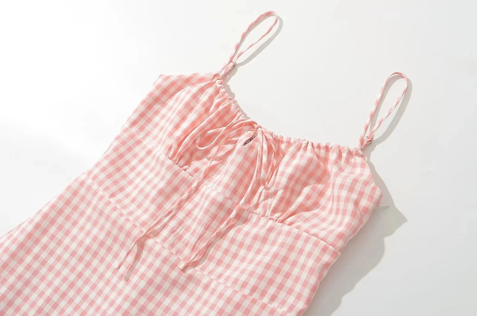 Foridol Spaghetti Strap Tie Up Plaid Dress Women Summer Beach Midi Sundress Strapless Retro Pink Short Vestidos Female Dress