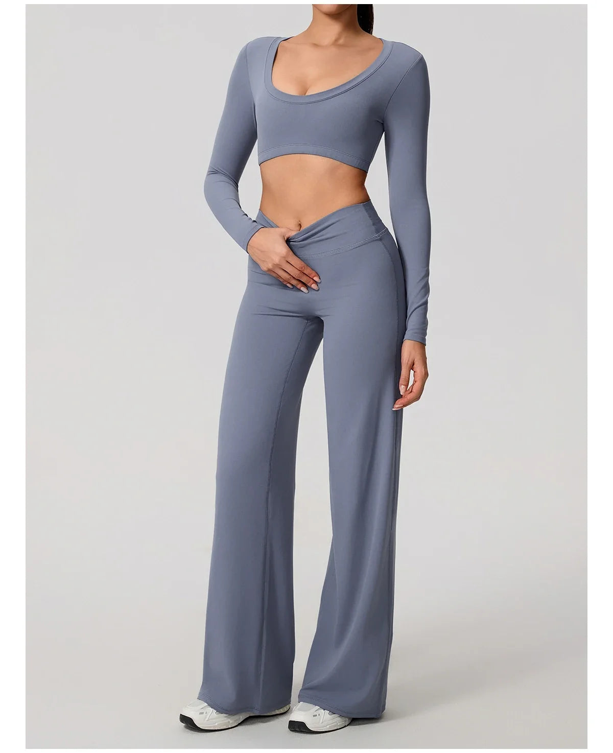 Hearuisavy Sports Set 2Pcs Women's  Long Sleeve Backless Fitted Fitness Top Push Up Pilates Yoga Top Wide Leg Straight Leg Pants