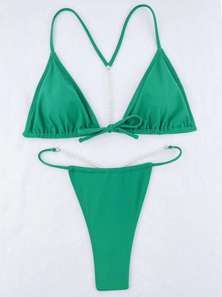 Sexy Pearl Bikinis Extreme Mini Micro String Bikini Female Swimsuit Women Thong Swimwear Two-pieces Bikini Set Bathing Suit Swim