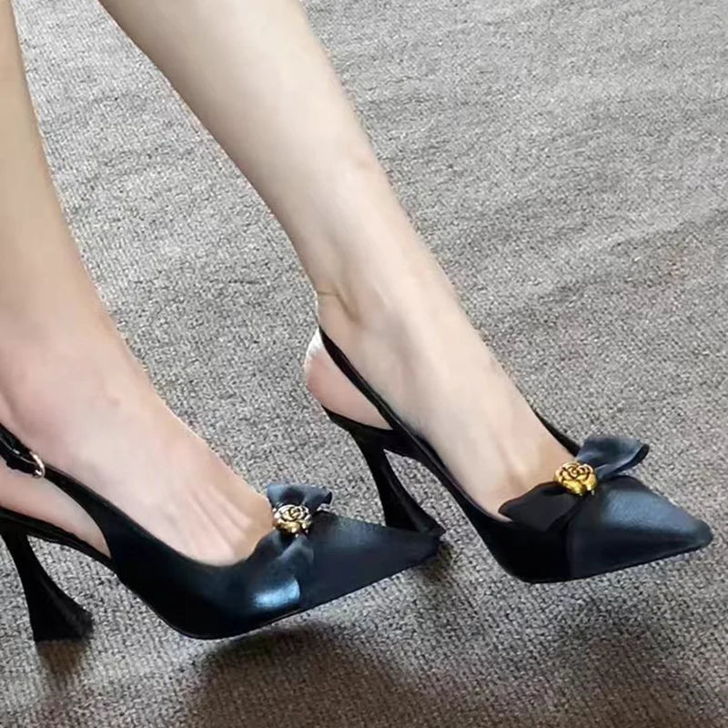 French Bow Knot High Heel Sandals for Women Sexy Back Strap Pointed Toe Sandalias Woman 2025 Office Patent Leather Sandals Mujer