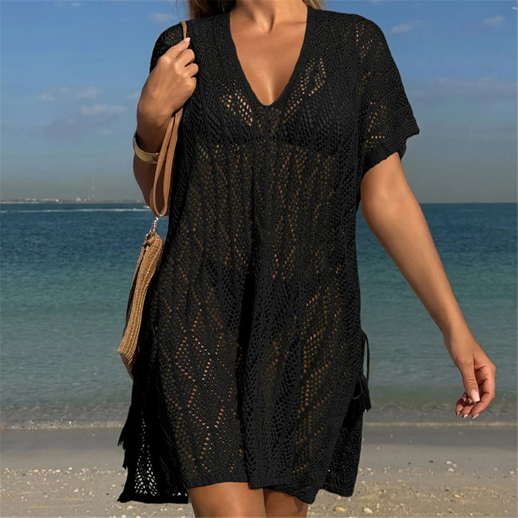 Sexy Short Sleeve Hollow Out Crochet Knitted Tunic Beach Cover Up Cover-ups Beach Dress Beach Wear Beachwear Female Women K6686