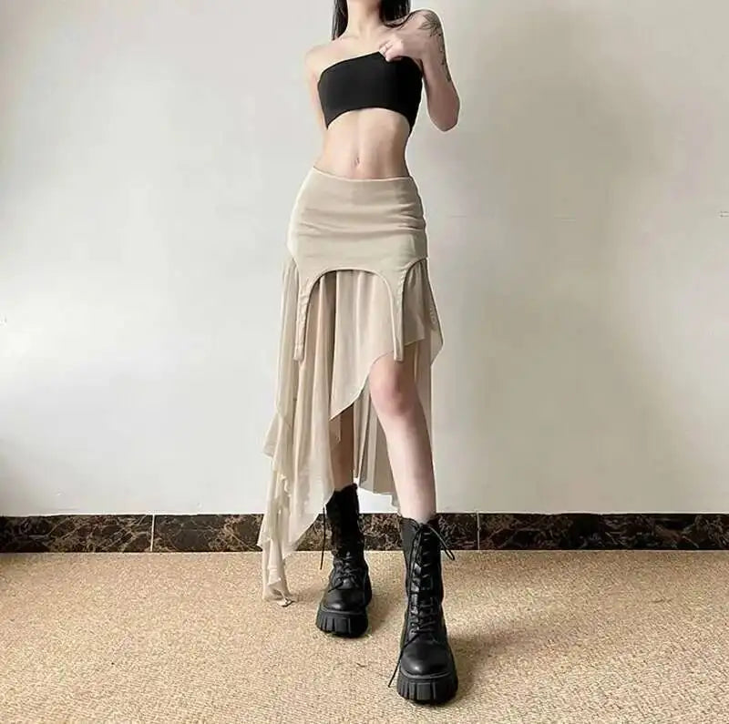 Sexy Irregular Y2K Skirts Women Vintage American High Waist Slim Slit Long Skirt Casual Lady Streetwear Retro Summer Skirts XGM8