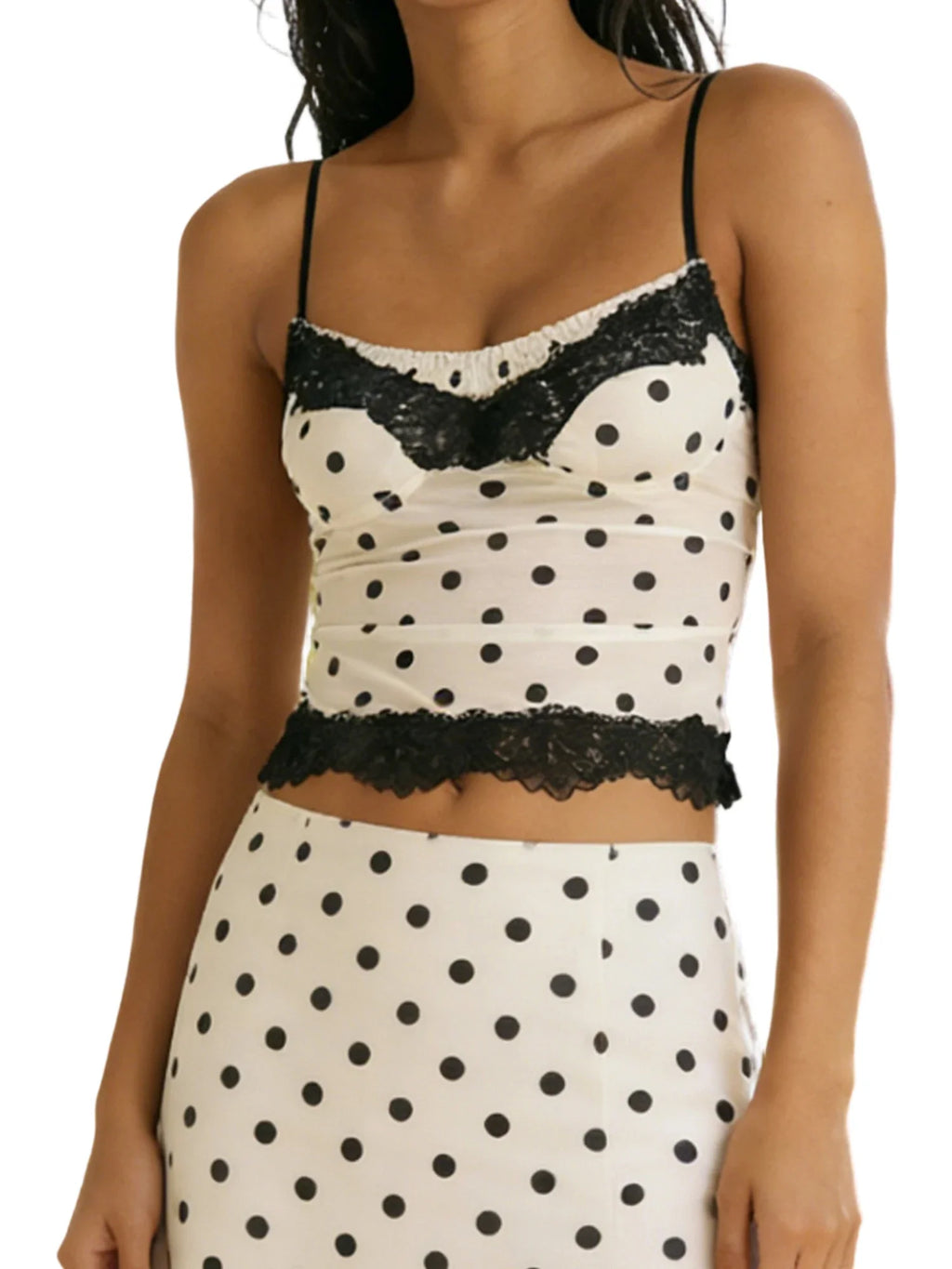 Women Fashion Dot Print Lace Patchwork Crop Tops Summer Slim Camisole Spaghetti Strap Mesh Tank Tops Streetwear
