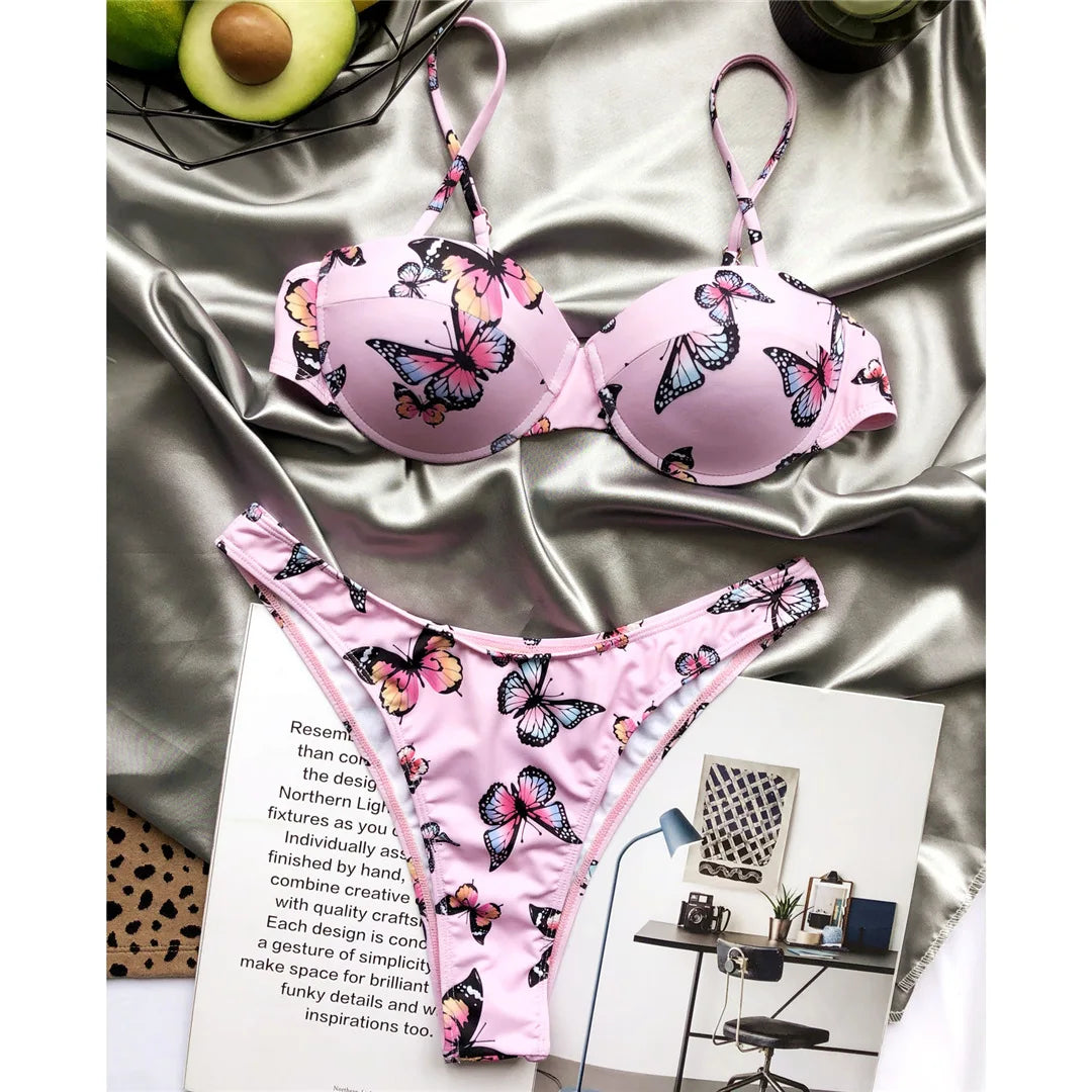 Underwire Push Up Bikini Women Swimwear Female Swimsuit Two-pieces Bikini set Butterfly Printed Bather Bathing Suit Swim V3200