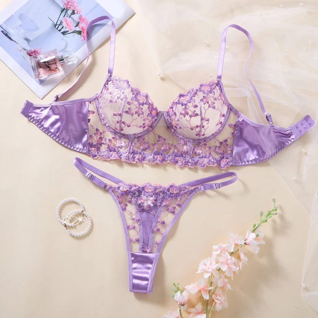Soft pastel-colored lace embroidered lingerie set - French style long-sleeved mesh bralette, bra, thong set ZA825246
