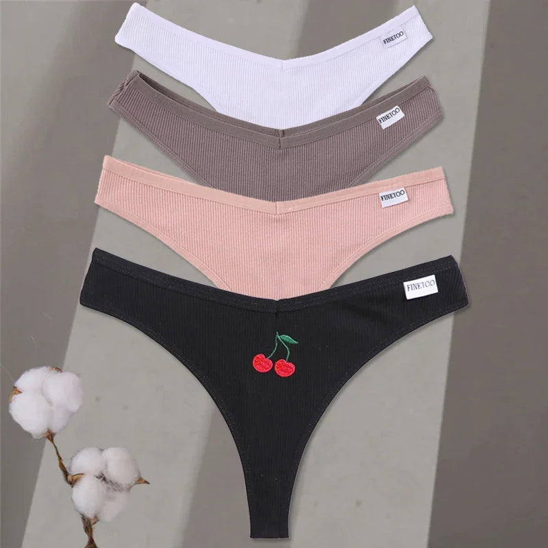 4Pcs/set Cotton Thongs Women Low-Rise Bikini Underwear M-XL Comfortable G-string Female Fruit Embroidery T-Back Panties Lingerie