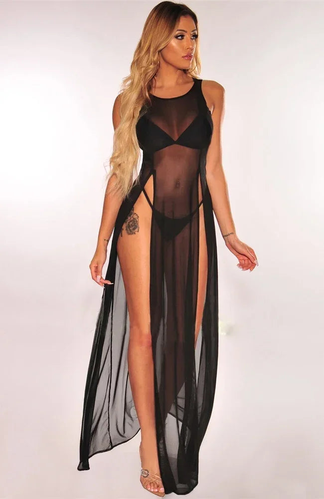Summer Bikini Cover Up Women Beach Sundress Sexy Mesh Sheer Long Dress Solid See-through Sleeveless Strap Beach Dress
