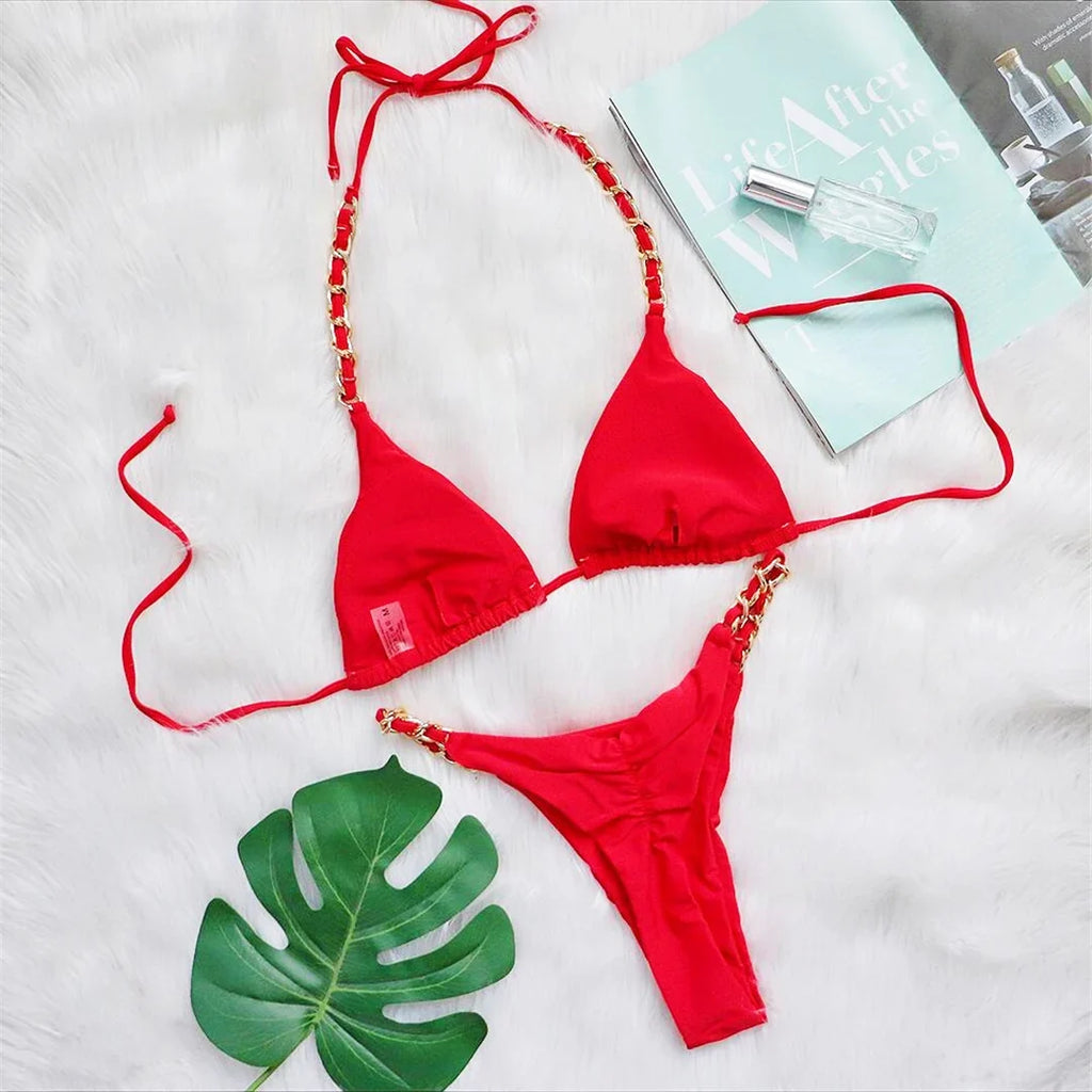 Metal Ring Halter Scrunch Butt Thong Bikini Women Swimwear Female Swimsuit Two-Pieces Bikini Set Bather Bathing Suit Swim V4391