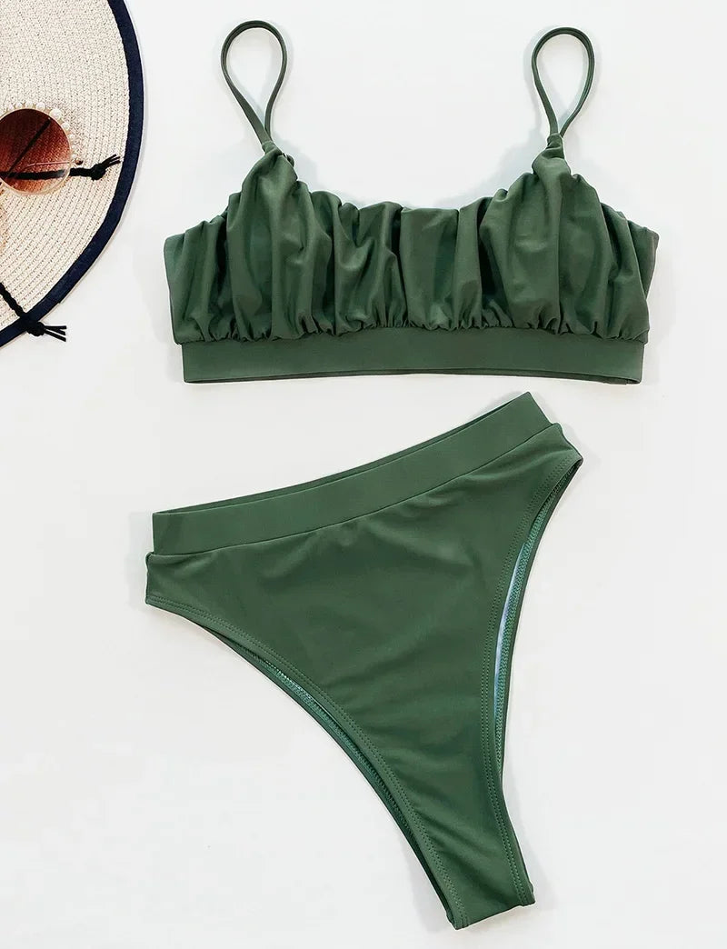 2026 Wrinkled Ruched High Waist Bikini Women Swimsuit Female Swimwear Two Pieces Bikini Set High Cut Bathing Suit Swim Beachwear