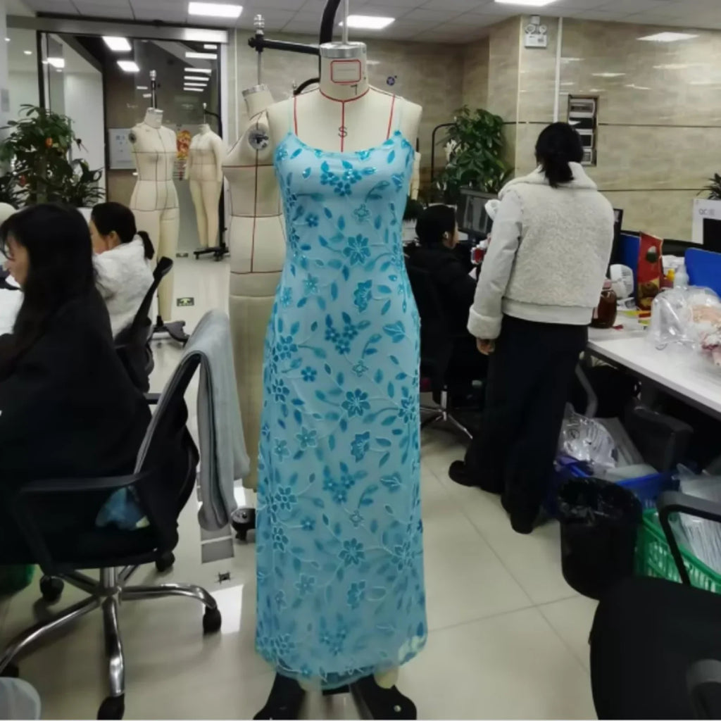 Women Summer Glitter Sequin Beaded Flower Cami Dress Slim High Split Spaghetti Strap Open Back Long Dresses for Party Club