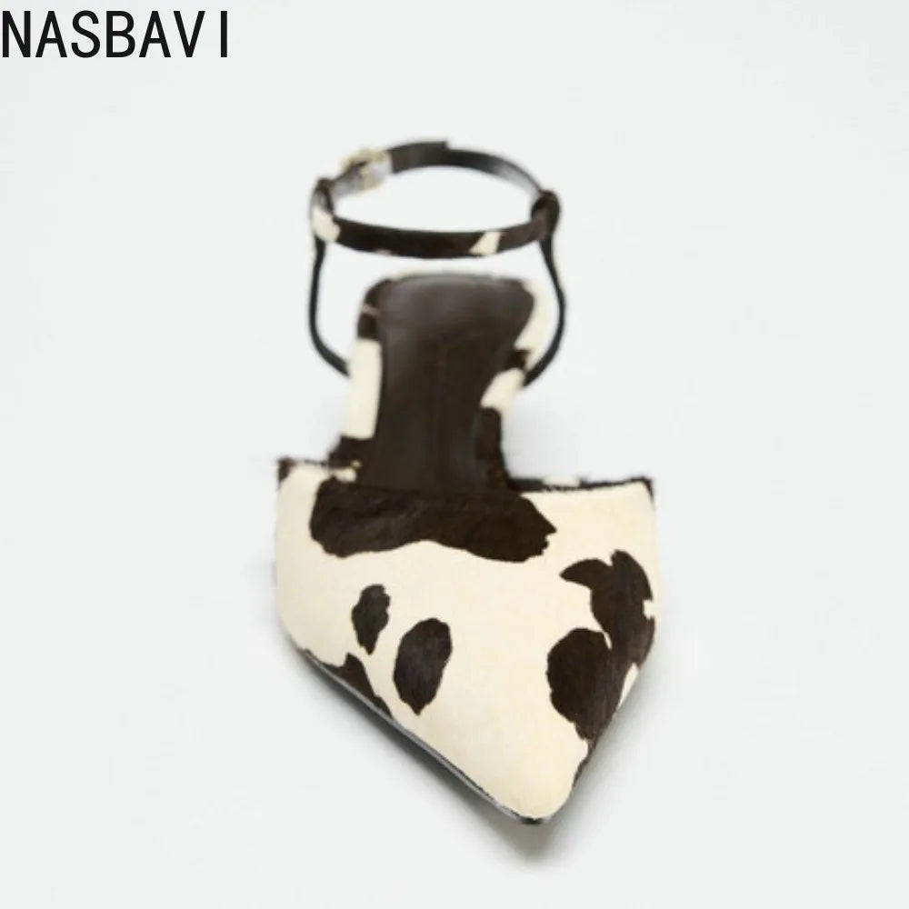 NASBAVI Plus Size 34-43 New Horsehair Women Sandals Stiletto High Heels Pointed Toe Buckle Strap Summer Shoes Ladies Party Shoe