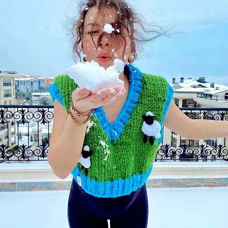 Foridol Sheep Knitted Sweater Vest Vintage Animal Sleeveless Blue Cropped Sweater Vest Waistcost 2025 Autumn Winter Tops