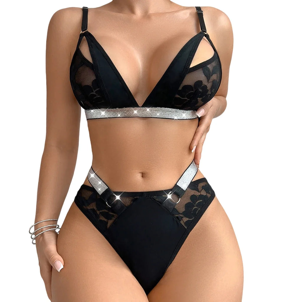 2pcs Sexy Bras and Panties Sets Shiny Wire-Free No Pad Bras Erotic Female Underwear Set Sexy Lingerie 3/4 Cup Size Brassiere
